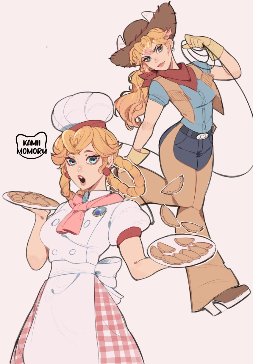 2girls apron artist_name blonde_hair blue_eyes blue_shirt brooch brown_gloves brown_vest chef_hat cookie cowboy_hat cowgirl_peach denim dual_persona earrings food gloves hair_rings hat highres holding holding_plate holding_rope jeans jewelry kamii_momoru long_hair looking_at_viewer multiple_girls neckerchief official_alternate_costume official_alternate_hairstyle open_clothes open_mouth open_vest pants patissiere_peach plate princess_peach princess_peach:_showtime! puffy_short_sleeves puffy_sleeves red_neckerchief rope shirt short_sleeves simple_background sphere_earrings super_mario_bros. vest white_apron white_background white_headwear