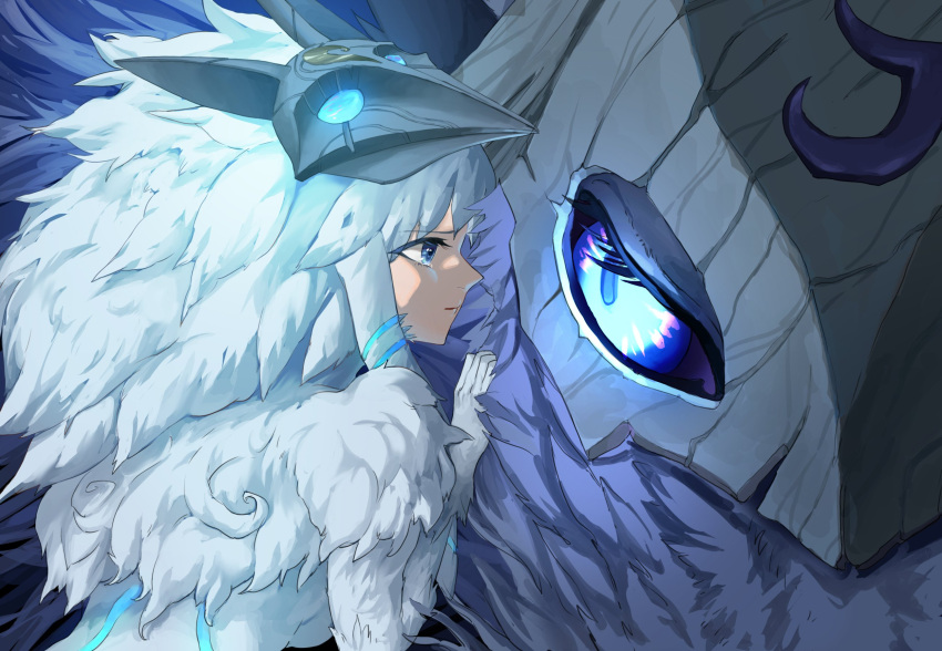 1girl blue_eyes body_fur breasts from_side green_eyes grey_fur hands_up highres kindred_(league_of_legends) lamb_(league_of_legends) large_breasts league_of_legends long_hair looking_at_another mask mask_up rayn87250715 wolf_(league_of_legends)