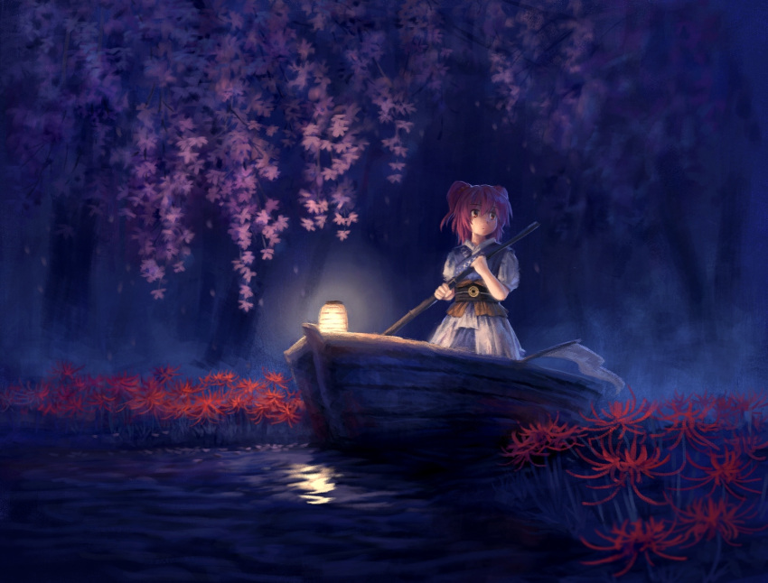 1girl blue_dress boat coin commentary_request dress flower full_body hair_bobbles hair_ornament highres holding holding_oar lantern looking_to_the_side oar obi obidome obijime onozuka_komachi outdoors red_eyes red_flower redhead reflection reflective_water sash satellitedragon scythe short_hair solo spider_lily touhou two_side_up watercraft