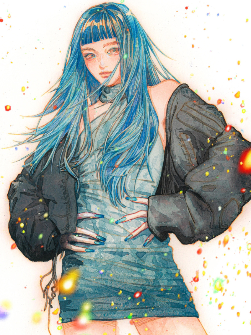 1girl absurdres black_jacket blue_dress blue_hair blue_nails blunt_bangs brown_eyes chinese_commentary dress floating_hair halter_dress halterneck hands_on_own_hips highres jacket juria_(xg) light_particles looking_at_viewer painting_(medium) real_life sleeves_past_wrists smile solo traditional_media watercolor_(medium) white_background xg_(group) yi_ke_sigh_ti