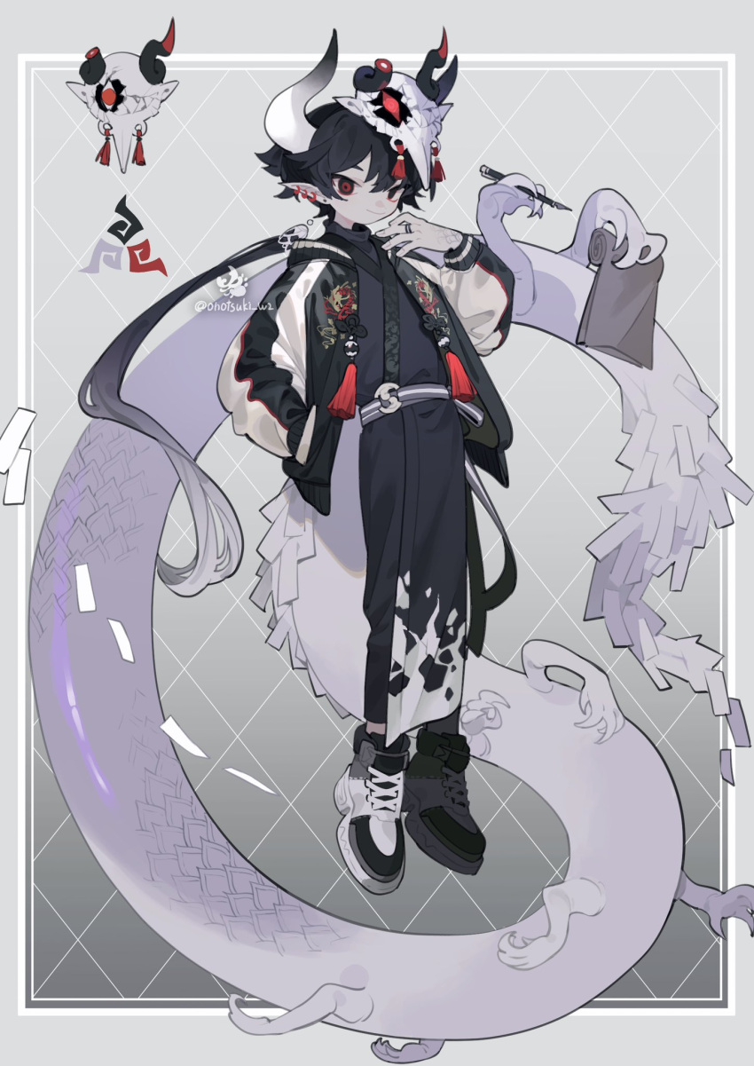 1boy argyle argyle_background artist_logo artist_name black_eyes black_footwear black_hair black_jacket black_kimono border closed_mouth color_guide cross-laced_footwear dragon_boy dragon_horns dragon_tail ear_piercing earrings extra_legs full_body gradient_background gradient_hair grey_background grey_hair hair_between_eyes hand_in_pocket hand_up highres horned_mask horns inset_border jacket japanese_clothes jewelry kimono long_hair long_sleeves looking_at_viewer male_focus mask mask_on_head mismatched_pupils multicolored_eyes multicolored_hair onotsuki_w2 original outside_border pale_skin piercing pointy_ears puffy_long_sleeves puffy_sleeves red_eyes ringed_eyes scales shoes short_hair_with_long_locks smile sneakers solo tail tassel twitter_username very_long_hair very_long_tail white_border white_horns white_jacket