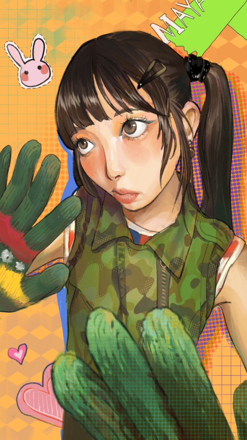 1girl blush brown_eyes brown_hair c_chrill camouflage camouflage_shirt character_name collared_shirt distortion gloves green_gloves hair_behind_ear heart highres long_hair looking_up maya_(xg) open_hands real_life red_lips shirt sleeveless sleeveless_shirt solo striped_clothes striped_shirt twintails upper_body xg_(group)