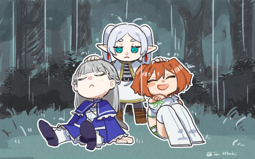 3girls :&lt; :3 aqua_eyes arms_at_sides bare_shoulders belt black_pantyhose blue_capelet blue_dress blush_stickers boots brown_footwear bush capelet chibi closed_eyes clothing_cutout dress earrings elf facing_viewer forest frieren frilled_sleeves frills grey_hair hand_on_another's_head happy headpat jewelry kanne_(sousou_no_frieren) knee_boots knees_up laughing lawine_(sousou_no_frieren) long_hair long_sleeves midriff miniskirt multiple_girls nature on_ground pantyhose pointy_ears rain shirt shoe_soles shoulder_cutout sitting skirt smile sousou_no_frieren striped_clothes striped_shirt tao_333saki tree twintails twitter_username two_side_up white_capelet white_skirt