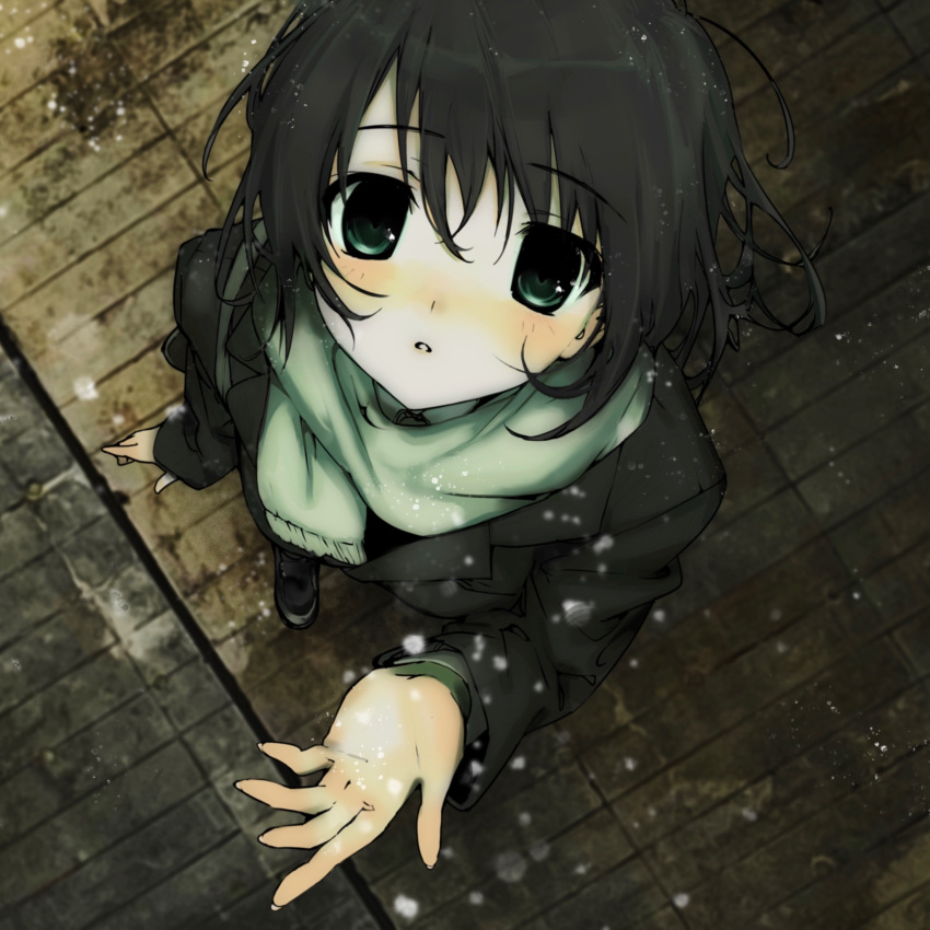 1girl black_footwear black_hair black_jacket from_above green_eyes green_scarf highres jacket light_blush long_sleeves looking_at_viewer open_hand original pale_skin parted_lips pavement scarf short_hair snowing solo suiso_(owp)