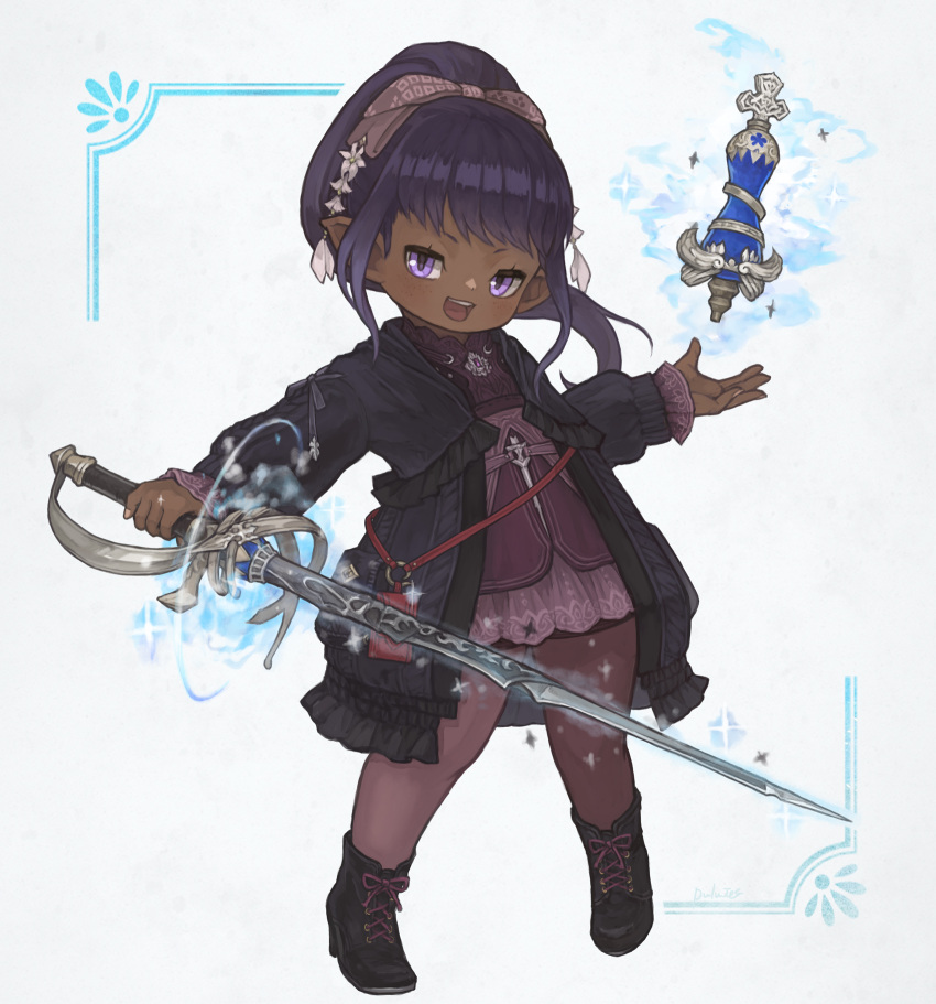 1girl black_footwear commission cross-laced_footwear cryokinesis dark-skinned_female dark_skin dress final_fantasy final_fantasy_xiv flat_chest frilled_jacket frills full_body hair_ribbon highres holding holding_weapon jacket lalafell long_bangs looking_at_viewer medium_hair open_mouth pink_dress pink_ribbon pink_thighhighs pointy_ears ponytail pouch puluie purple_hair purple_jacket rapier red_mage ribbon simple_background smile solo sword teeth thigh-highs violet_eyes warrior_of_light_(ff14) weapon