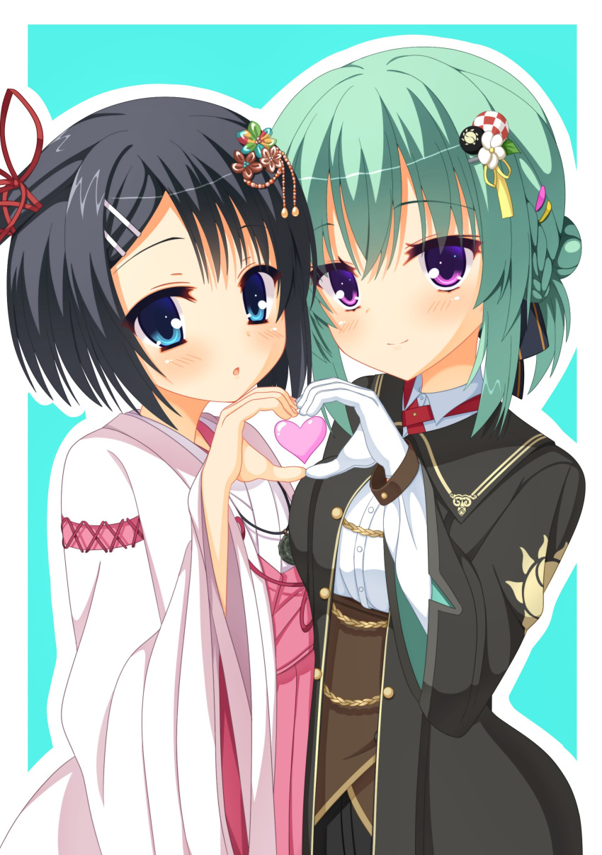 2girls absurdres aqua_background black_hair black_suit blue_eyes blush bob_cut border closed_mouth collared_shirt commentary company_connection cowboy_shot crossover dracu-riot! flower gloves green_hair hair_bun hair_flower hair_ornament hairclip hand_up hareringo heart heart_hands heart_hands_duo highres japanese_clothes kimono long_sleeves looking_at_viewer medium_hair mera_azusa miko multiple_girls parted_lips red_ribbon ribbon shirt side-by-side side_ponytail simple_background single_hair_bun smile split_mouth suit takadate_orie tenshi_souzou_re-boot! violet_eyes white_border white_gloves white_kimono white_shirt wide_sleeves yuzu-soft
