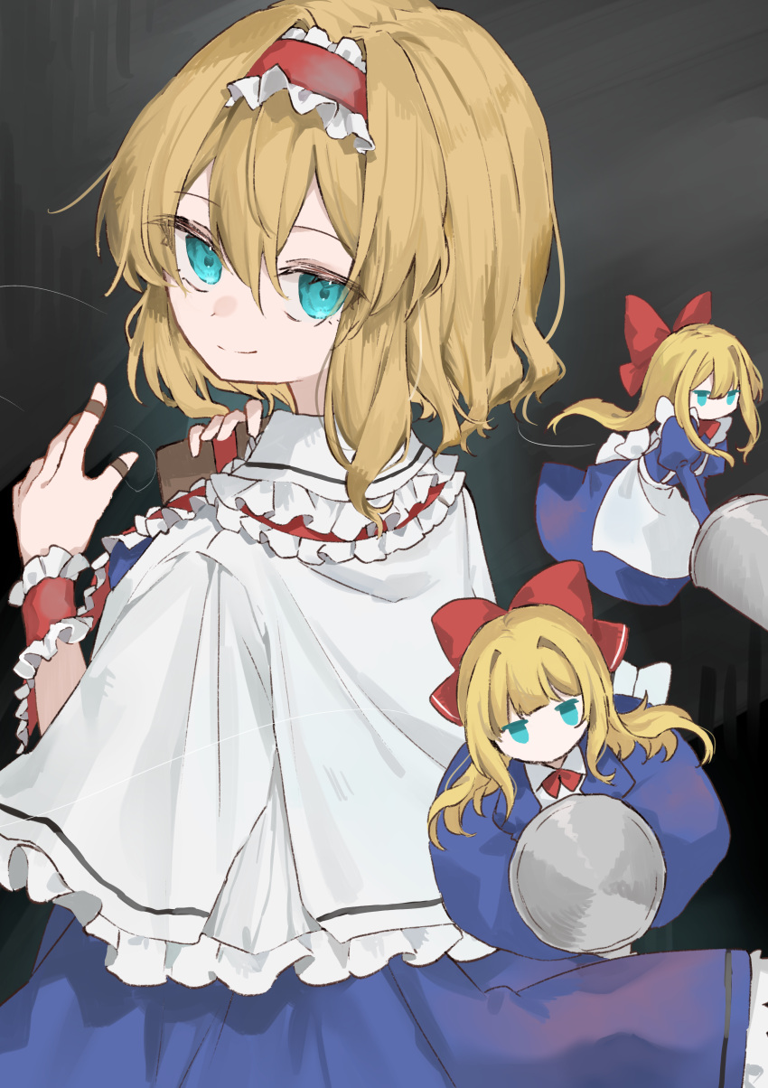 1girl absurdres alice_margatroid apron aqua_eyes blonde_hair blue_dress bow capelet chu_(yuzumeno) closed_mouth commentary doll dress frilled_capelet frilled_hairband frilled_wrist_cuffs frills grey_background hair_between_eyes hair_bow hairband hand_up highres holding jewelry lance long_hair looking_at_viewer polearm puppet_rings puppet_strings red_bow red_hairband red_wrist_cuffs ring shanghai_doll short_hair simple_background smile touhou weapon white_apron white_capelet wrist_cuffs