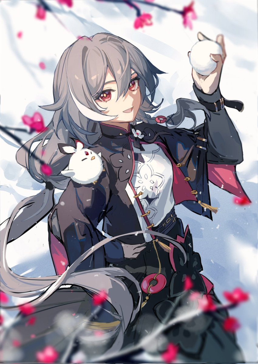 1girl animal animal_on_shoulder bird birthday black_skirt black_sleeves branch breasts chinese_clothes chinese_commentary fu_hua fu_hua_(herrscher_of_sentience) grey_hair hair_between_eyes hand_on_own_hip highres holding_snowball honkai_(series) honkai_impact_3rd jingwei_(bird) long_hair long_skirt long_sleeves low_ponytail multicolored_hair open_mouth qqqne red_eyes shirt skirt small_breasts snow snowball streaked_hair white_background white_shirt