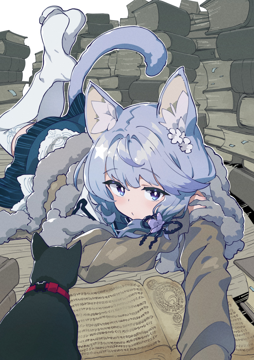 1girl animal animal_ears black_cat blue_eyes blue_hair blue_skirt book book_stack brown_jacket cat cat_ears cat_girl cat_tail commission fur-trimmed_jacket fur_trim highres jacket long_sleeves looking_at_viewer lying on_stomach open_book original shirt skeb_commission skirt tail thigh-highs ushiki_yoshitaka white_shirt white_thighhighs