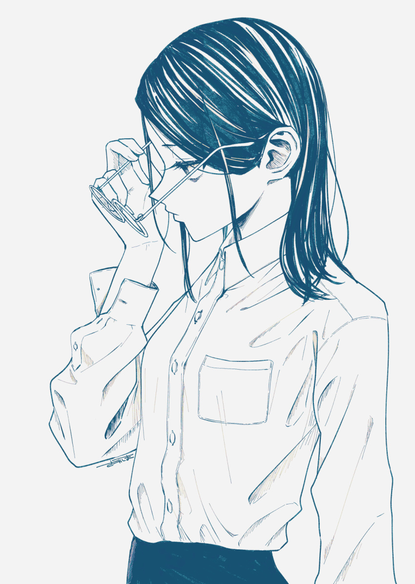 1girl breasts closed_mouth collared_shirt commentary_request dress_shirt from_side glasses hair_behind_ear highres holding holding_removed_eyewear long_hair medium_hair monochrome original profile sakashima_0822 shirt simple_background small_breasts solo unworn_eyewear upper_body