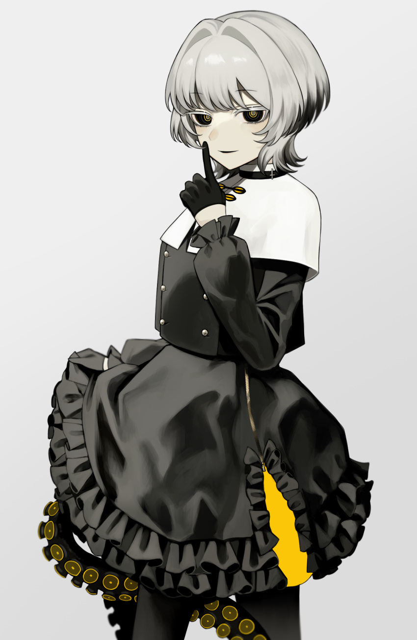 1girl black_eyes black_gloves black_hair black_jacket black_skirt buttons capelet colored_tips cross double-breasted finger_to_mouth frilled_skirt frilled_sleeves frills gloves grey_background hair_intakes half_gloves highres inverted_cross jacket long_sleeves looking_at_viewer multicolored_hair original parted_lips short_hair skirt skirt_hold solo suction_cups sumi_(gfgf_045) tentacles white_capelet white_hair yellow_pupils zipper_skirt