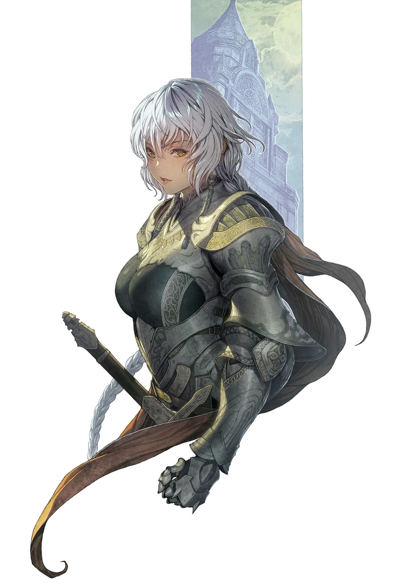 1girl armor armored_gloves breasts highres homare_(fool's_art) lips looking_at_viewer original parted_lips solo sword weapon white_background yellow_eyes