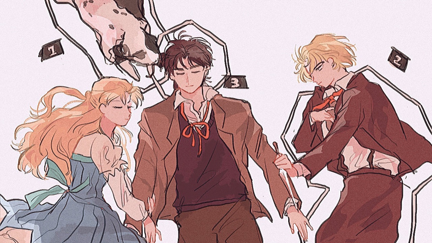 1girl 2boys arm_hug blonde_hair blue_dress brown_hair brown_jacket brown_pants brown_sweater_vest chalk_outline closed_eyes closed_mouth collared_shirt dagger danny_(jojo) dio_brando dog dress erina_pendleton evidence_markers expressionless film_grain from_above fuha_(azukiba_9) holding holding_dagger holding_knife holding_weapon jacket jojo_no_kimyou_na_bouken jonathan_joestar juliet_sleeves knife long_hair long_sleeves looking_at_another loose_neck_ribbon lying multiple_boys neck_ribbon necktie open_collar pants phantom_blood puffy_sleeves red_necktie red_ribbon ribbon shirt short_hair simple_background suspenders sweater_vest weapon white_background white_shirt wing_collar