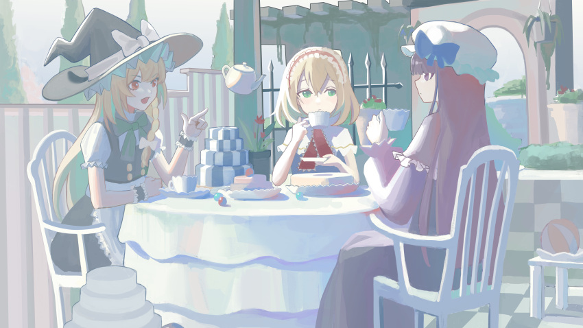 3girls absurdres alice_margatroid apron ascot black_skirt blonde_hair bow braid capelet chair cup double-parted_bangs dress frilled_apron frilled_ascot frills green_eyes hair_between_eyes hairband hat hat_bow highres holding holding_cup kirisame_marisa lolita_hairband long_hair longwatry mob_cap multiple_girls open_mouth outdoors patchouli_knowledge pointing puffy_short_sleeves puffy_sleeves purple_dress purple_hair red_eyes red_hairband short_hair short_sleeves single_braid sitting skirt tea_party teacup teapot touhou violet_eyes waist_apron white_capelet witch_hat wrist_cuffs