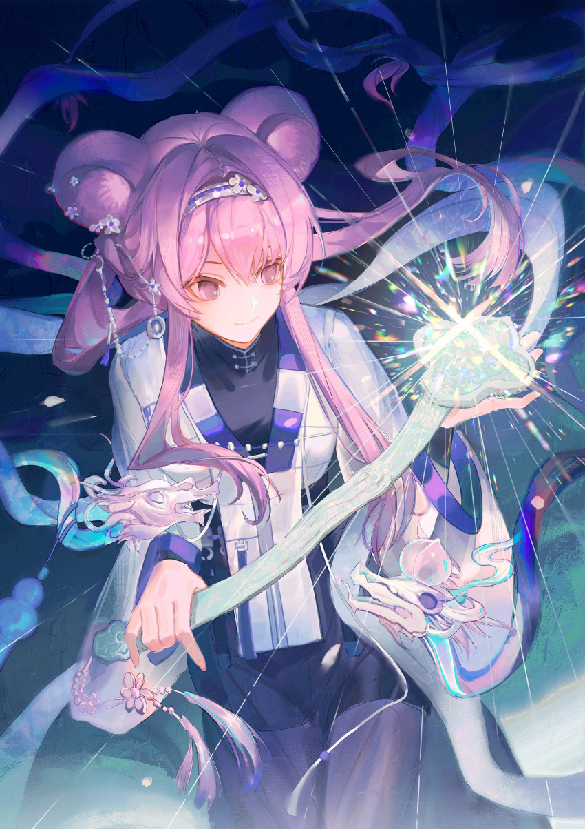 1girl absurdres animal_ear_fluff animal_ears arknights black_dress black_pantyhose china_dress chinese_clothes closed_mouth commentary_request dress glowing hair_between_eyes hairband highres holding jacket lin_(arknights) long_hair long_sleeves luren_max pantyhose pink_eyes pink_hair smile solo very_long_hair white_hairband white_jacket