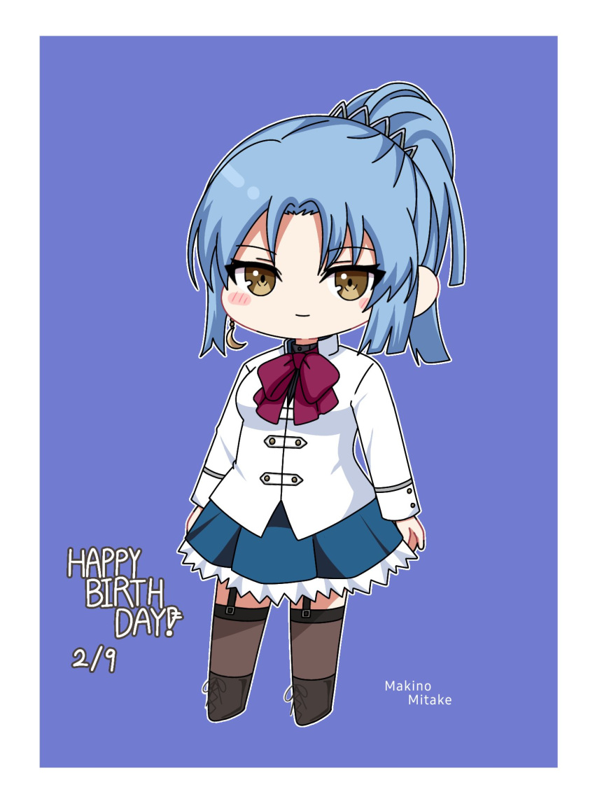1girl arms_at_sides assault_lily black_footwear blue_hair blunt_ends blush boots border bow bowtie brown_thighhighs buttons character_name chibi closed_mouth commentary crescent crescent_earrings cross-laced_footwear earrings frilled_skirt frills full_body garter_straps happy_birthday herensuge_girls_academy_school_uniform high_ponytail highres jacket jewelry lace-up_boots light_smile long_sleeves looking_at_viewer makino_mitake miniskirt outside_border parted_bangs pleated_skirt ponytail purple_background red_bow red_bowtie school_uniform short_hair simple_background skirt solo standing thigh-highs white_border white_jacket yellow_eyes yui_(yui1115_)