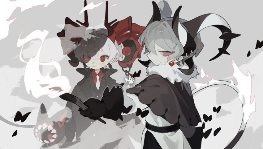 2boys antlers artist_logo artist_name black_capelet black_coat black_gloves black_horns capelet closed_mouth coat collared_coat collared_shirt creature curled_horns earrings fiery_tail fire fur-trimmed_capelet fur_collar fur_trim gloves grey_background grey_hair hair_between_eyes hand_up highres holding holding_torch horn_piercing horns jewelry long_sleeves looking_at_viewer male_focus multiple_boys multiple_horns onotsuki_w2 original pink_eyes pointy_ears red_eyes red_horns red_shirt shirt short_hair smile standing tail torch twitter_username upper_body white_fire white_hair