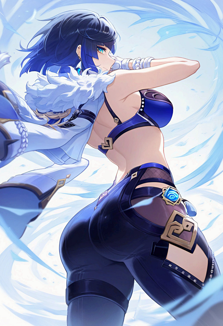 1girl absurdres ai_generated arms_up ass ass_focus back backless_outfit blue_eyes breasts clothing_cutout finasu fur-trimmed_jacket fur_trim genshin_impact gloves highres huge_ass jacket looking_at_viewer looking_back pantyhose shoulder_cutout solo vision_(genshin_impact) white_gloves yelan_(genshin_impact)