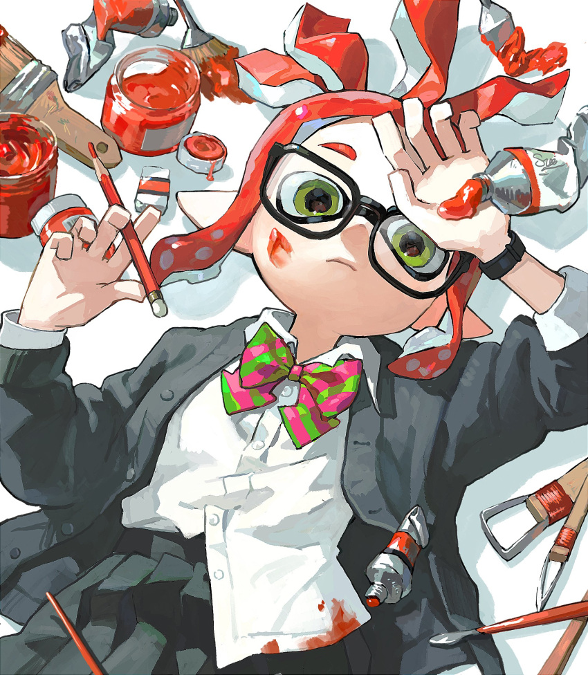 1girl black-framed_eyewear black_wristband bow bowtie buttons commentary glasses green_bow green_bowtie green_eyes highres inkling_girl inkling_player_character lying medium_hair miko_(15476997) on_back paint paintbrush pink_bow pink_bowtie pointy_ears redhead shirt solo splatoon_(series) tentacle_hair two-tone_bowtie white_shirt