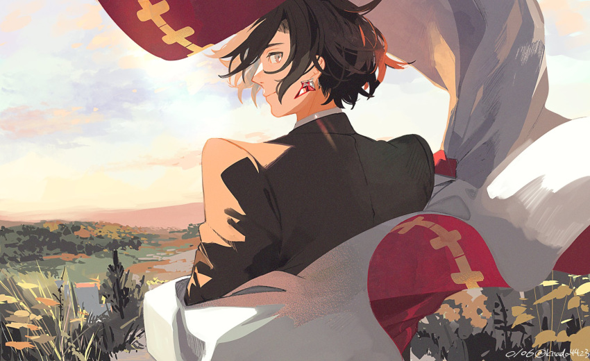 1boy black_hair black_jacket cloak closed_mouth clouds constantine_xi_(fate) curtained_hair dusk earrings fate/grand_order fate_(series) foliage from_behind grass grey_eyes hair_between_eyes highres jacket jewelry kitada long_sleeves looking_at_viewer looking_back male_focus outdoors profile short_hair sky smile solo suit_jacket unworn_cloak unworn_clothes upper_body white_cloak wind