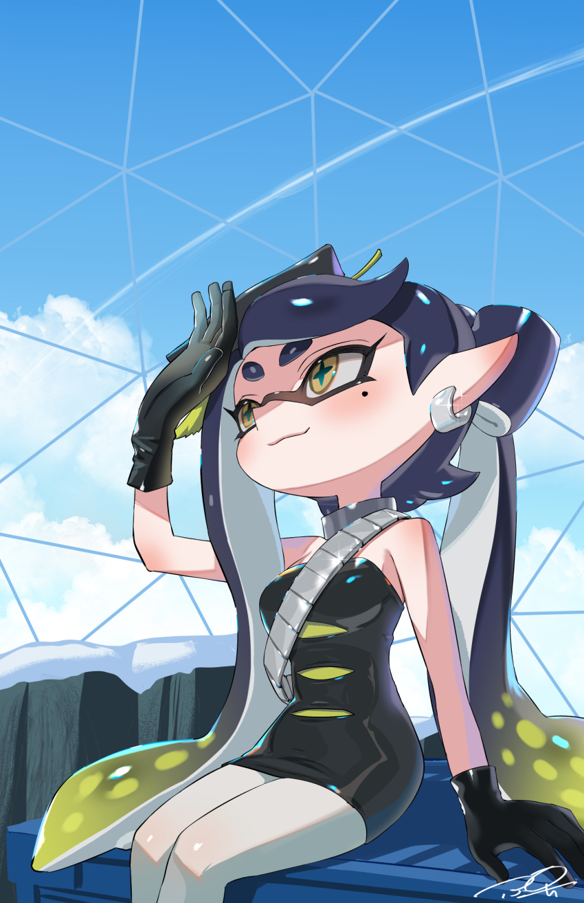1girl black_dress black_gloves black_hair blue_sky bow-shaped_hair breasts callie_(splatoon) closed_mouth clouds dress earrings eyelashes gloves gradient_hair green_hair highres hoop_earrings jewelry long_hair mole mole_under_eye multicolored_hair pantyhose pointy_ears puchiman rock signature sitting sky smile snow solo splatoon_(series) splatoon_3 star-shaped_pupils star_(symbol) strapless strapless_dress symbol-shaped_pupils tentacle_hair thick_eyebrows two-tone_hair yellow_eyes