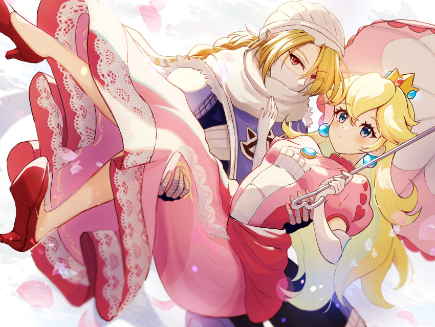 2girls blonde_hair blue_eyes braid braided_ponytail carrying carrying_person closed_mouth commentary_request crown dress earrings elbow_gloves eyelashes gloves hair_between_eyes high_heels highres holding holding_umbrella jewelry long_hair mask mouth_mask multiple_girls norimaki_(nrmk_norinori) pink_dress princess_peach red_eyes red_footwear scarf sheik super_mario_bros. super_smash_bros. the_legend_of_zelda the_legend_of_zelda:_ocarina_of_time turban umbrella white_background white_gloves white_scarf