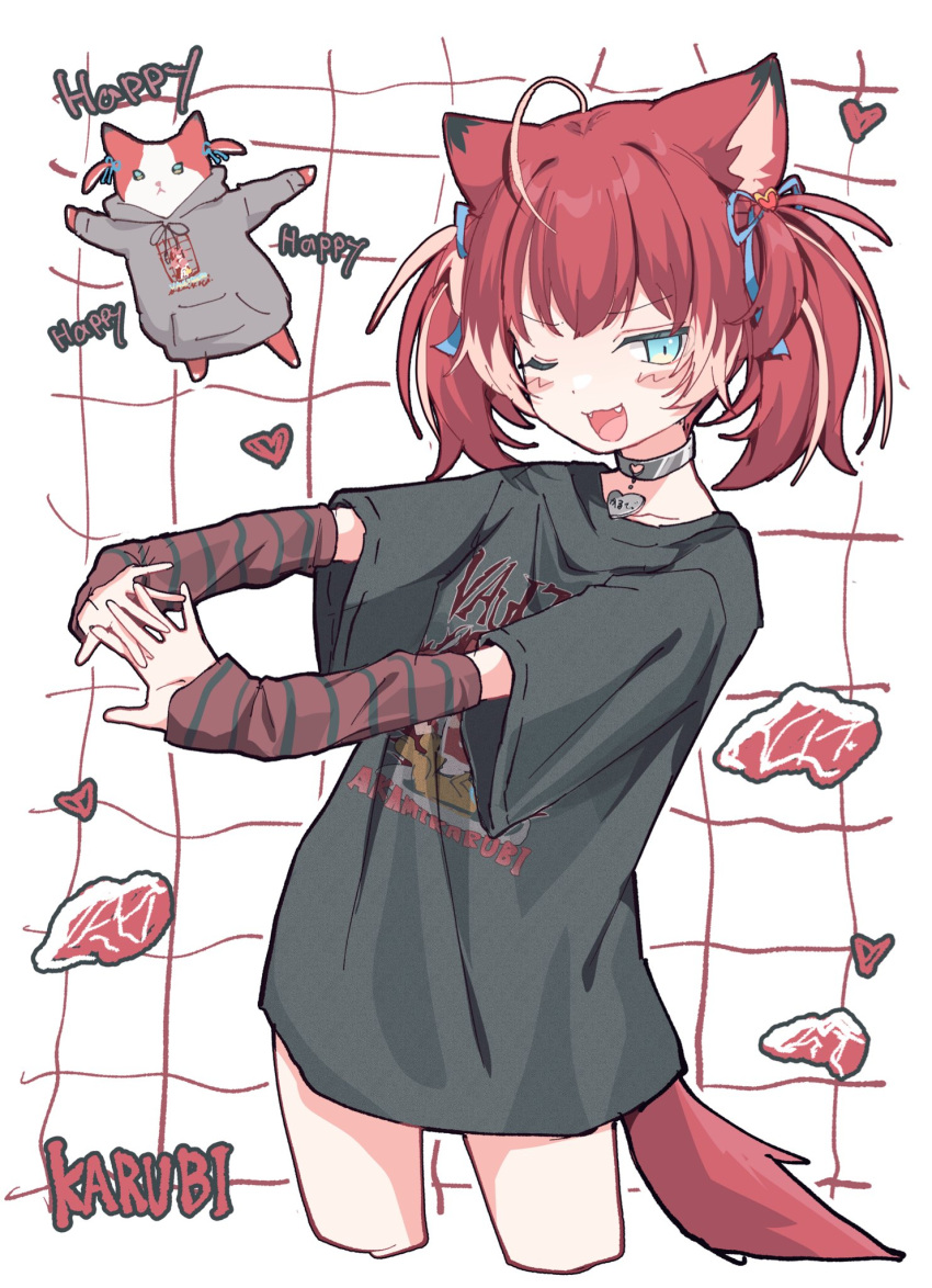 1girl ;d ahoge akami_karubi alternate_costume animal_ears animalization arm_warmers black_shirt blue_eyes cat_ears cat_girl character_name collar colored_tips commentary_request cowboy_shot cropped_legs fangs grey_collar hair_ribbon happy_happy_happy_cat_(meme) heart_collar highres indie_virtual_youtuber looking_at_viewer meme multicolored_hair multiple_views no_pants one_eye_closed open_mouth outstretched_arms own_hands_together raw_meat redhead ribbon sentouryoku_5 shirt smile standing stretching t-shirt tail twintails virtual_youtuber