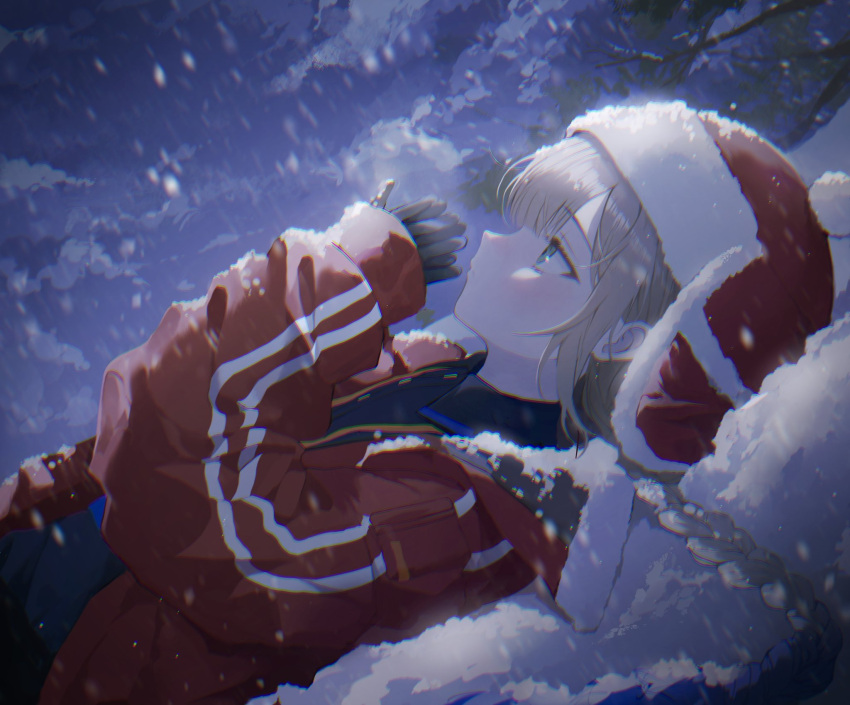 1boy aqua_eyes black_gloves blonde_hair blue_hair blush braid breath captain_nemo_(fate) collared_shirt dress_shirt fate/grand_order fate_(series) fur_hat gloves gradient_hair hat highres jacket long_hair lying male_focus multicolored_hair nemo_(fate) nemo_(santa)_(fate) nose_blush on_back on_ground open_clothes open_jacket own_hands_together parted_bangs red_jacket shirt snow snowing ushanka wooyeowoo
