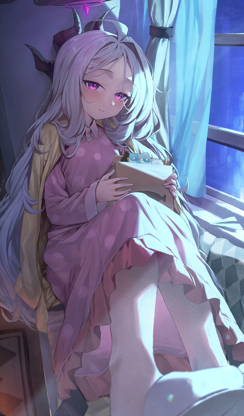 1girl ahoge black_horns blue_archive blush closed_mouth curtains demon_horns grey_hair halo highres hina_(blue_archive) hina_(pajamas)_(blue_archive) holding horns indoors long_hair long_sleeves looking_at_viewer multiple_horns neshia_(tsaqif0309) official_alternate_costume pajamas parted_bangs pink_pajamas polka_dot polka_dot_pajamas slippers smile solo violet_eyes window