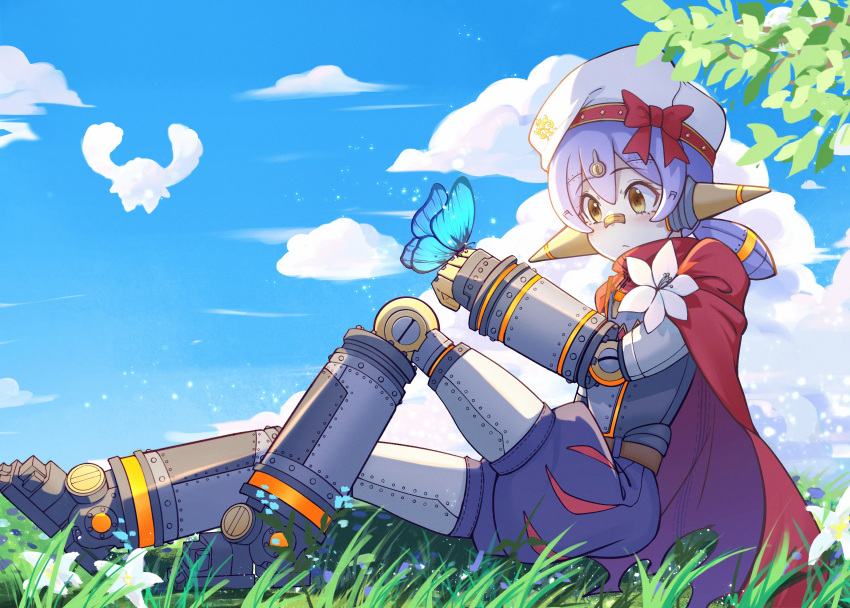 1girl absurdres android animal animal_on_hand beret blue_sky bow brown_eyes bug butterfly cloak closed_mouth clouds commentary_request day flower hair_between_eyes hat hat_bow highres kaguyamaou knee_up low_twintails on_grass outdoors poppi_(xenoblade) purple_hair red_bow red_cloak sitting sky solo twintails white_flower white_headwear xenoblade_chronicles_(series) xenoblade_chronicles_2