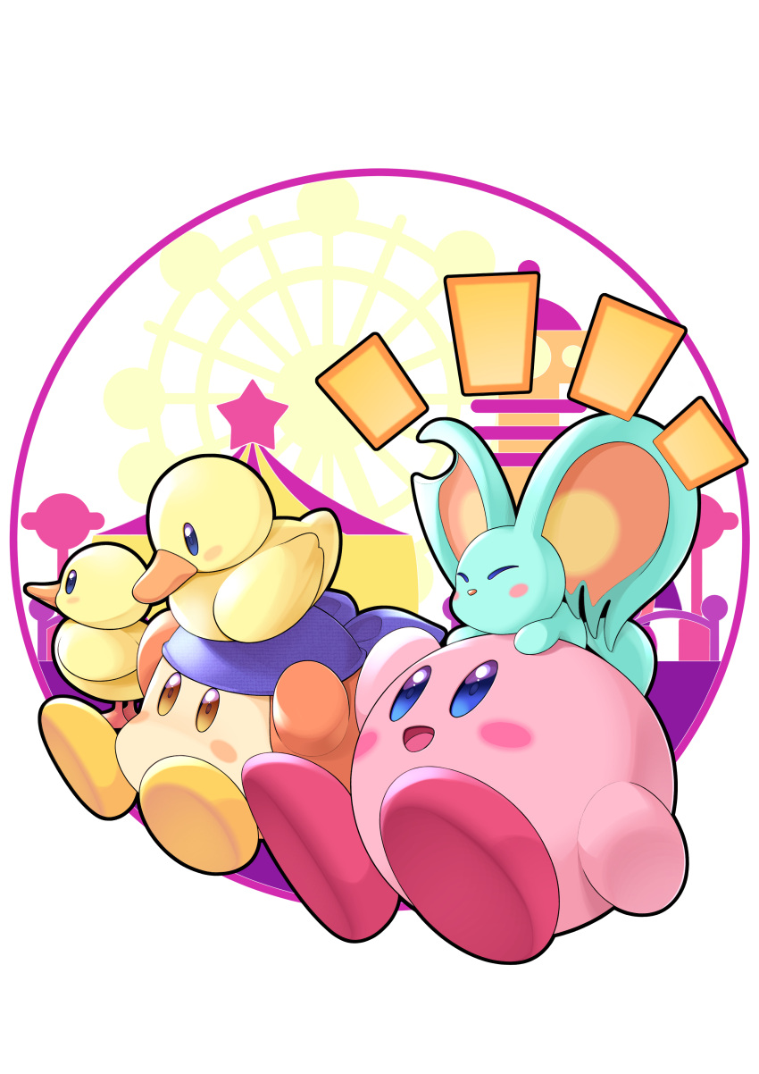 absurdres animal_ears bandana bandana_waddle_dee bird blue_bandana blush_stickers closed_eyes colored_skin duck duckling elfilin ferris_wheel highres kirby kirby_(series) kirby_and_the_forgotten_land mouse_ears no_humans notched_ear on_head pink_skin solid_oval_eyes ssaaggwwaa star_(symbol) tail
