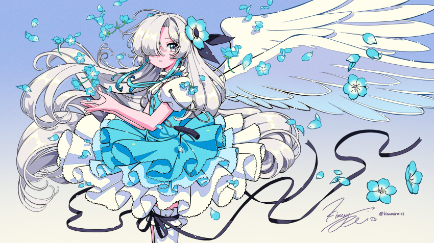 1girl absurdres adapted_costume black_ribbon blue_background blue_dress blue_flower blue_hair cardcaptor_sakura choker circle_skirt commentary_request dress expressionless falling_petals feathered_wings feet_out_of_frame floating_hair flower frilled_choker frilled_dress frills from_side gradient_background grey_eyes grey_hair hair_flower hair_ornament hair_over_one_eye highres isekai_joucho kamitsubaki_studio kisumi_rei layered_dress long_hair long_ribbon looking_at_viewer looking_to_the_side multicolored_hair parted_lips petals puffy_short_sleeves puffy_sleeves ribbon short_sleeves sidelocks signature single_thighhigh solo standing streaked_hair thigh-highs very_long_hair virtual_youtuber white_thighhighs wind wings