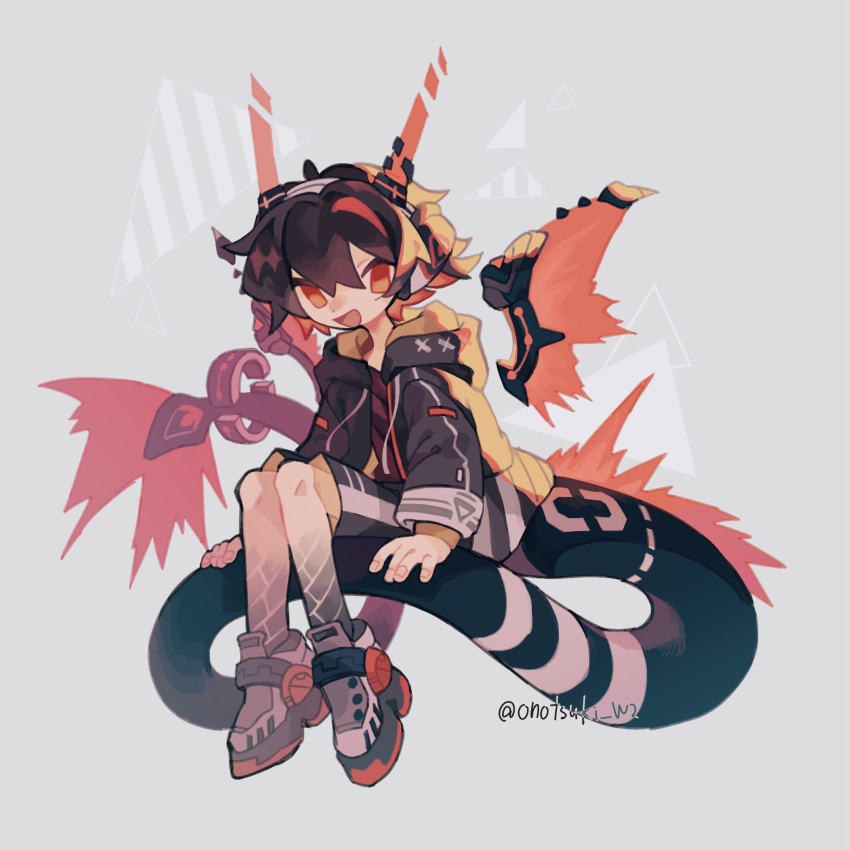 1boy artist_name black_jacket black_shorts brown_hair colored_extremities colored_inner_hair detached_wings dragon_boy dragon_tail dragon_wings fake_horns full_body grey_background grey_footwear hair_between_eyes highres hood hood_down hooded_jacket horned_headwear horns jacket long_sleeves long_tail looking_at_viewer male_focus mechanical_horns mechanical_wings multicolored_hair no_pupils no_sclera onotsuki_w2 open_clothes open_jacket open_mouth orange_eyes orange_hair orange_horns orange_wings original red_shirt redhead shirt short_hair shorts simple_background sitting solo streaked_hair tail twitter_username wings