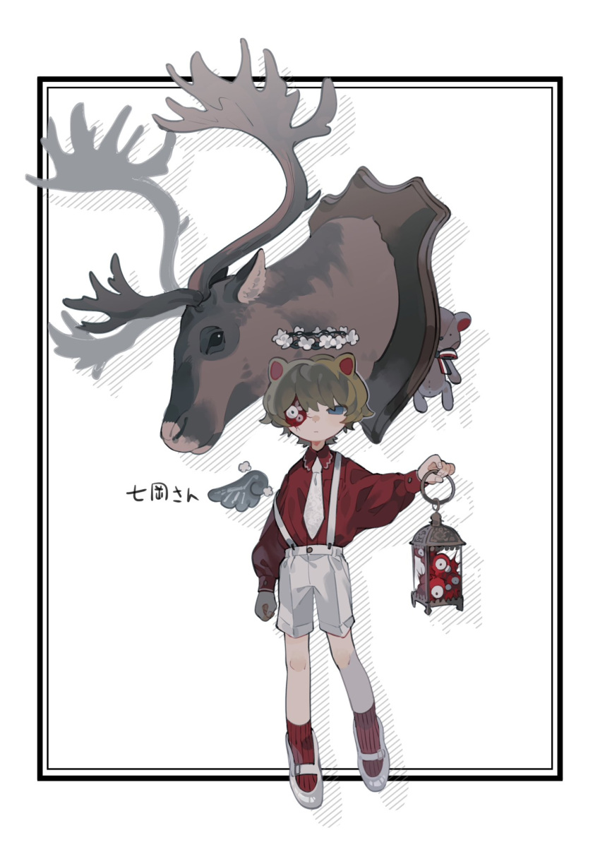 1boy :| animal_ears bear_boy bear_ears black_border blue_eyes border brown_hair closed_mouth collared_shirt deer_head extra_eyes full_body grey_wings highres long_sleeves looking_at_viewer male_focus mary_janes mini_wings necktie onotsuki_w2 original outside_border puffy_long_sleeves puffy_sleeves red_shirt red_socks shirt shoes short_hair shorts simple_background single_wing skeletal_wings socks solo standing stuffed_animal stuffed_toy suspender_shorts suspenders taxidermy teddy_bear translation_request white_background white_footwear white_necktie white_shorts wings