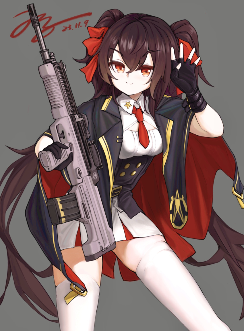 1girl absurdres black_gloves bow breasts brown_hair cape cowboy_shot fingerless_gloves girls_frontline gloves grey_background gun hair_bow highres holding holding_gun holding_weapon jerry_wang long_hair looking_at_viewer necktie orange_eyes qbz-97 red_bow red_necktie short_necktie single_fingerless_glove skirt small_breasts smile thigh-highs twintails type_97_(girls'_frontline) weapon white_skirt white_thighhighs