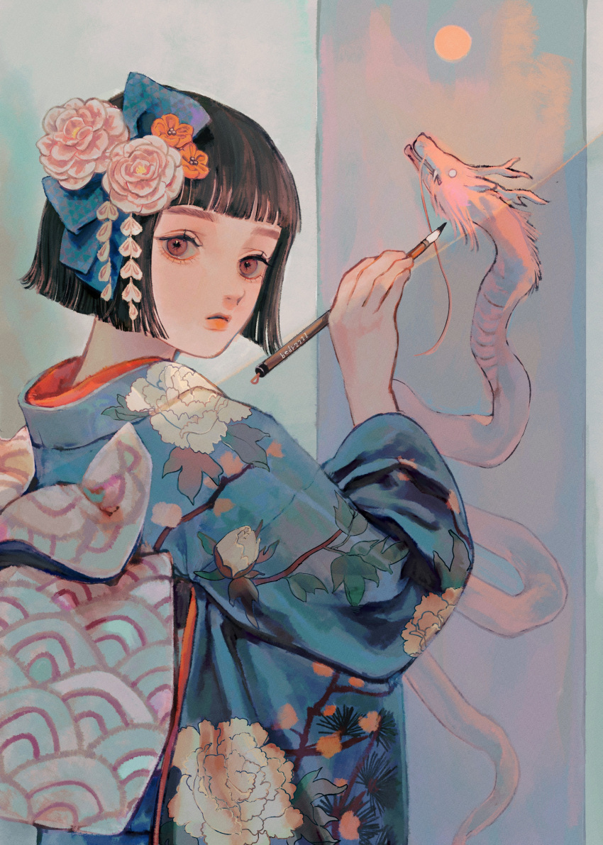 1girl absurdres bedr2221 black_hair blue_kimono blunt_bangs blunt_ends bob_cut brown_eyes chinese_zodiac dragon eastern_dragon eyelashes floral_print flower furisode hair_flower hair_ornament highres holding_calligraphy_brush japanese_clothes kanzashi kimono lipstick long_sleeves looking_at_viewer looking_back makeup nengajou new_year obi original painting_(object) print_kimono red_flower sash short_hair solo symbol-shaped_pupils upper_body year_of_the_dragon