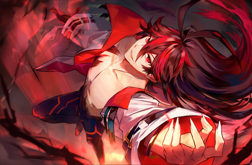1boy black_hair black_skin colored_skin fingernails highres jacket kuon_(under_night_in-birth) long_hair multicolored_clothes multicolored_hair multicolored_jacket multicolored_skin open_clothes open_mouth qitoli red_eyes red_jacket redhead sharp_fingernails solo under_night_in-birth under_night_in-birth_2_sys:celes white_jacket