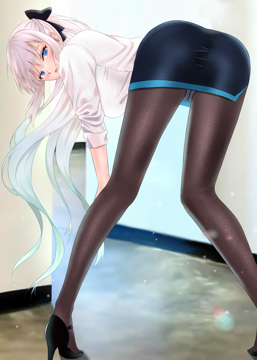 1girl absurdres ass black_bow black_skirt blue_eyes bow braid breasts collared_shirt dress dress_shirt fate/grand_order fate_(series) french_braid full_body grey_hair hair_bow high_heels highres large_breasts long_hair long_sleeves looking_at_viewer morgan_le_fay_(chaldea_satellite_station)_(fate) morgan_le_fay_(fate) office_lady open_mouth panties pantyhose pencil_skirt ponytail shirt sidelocks skirt socks solo thigh-highs underwear very_long_hair white_shirt yayanri