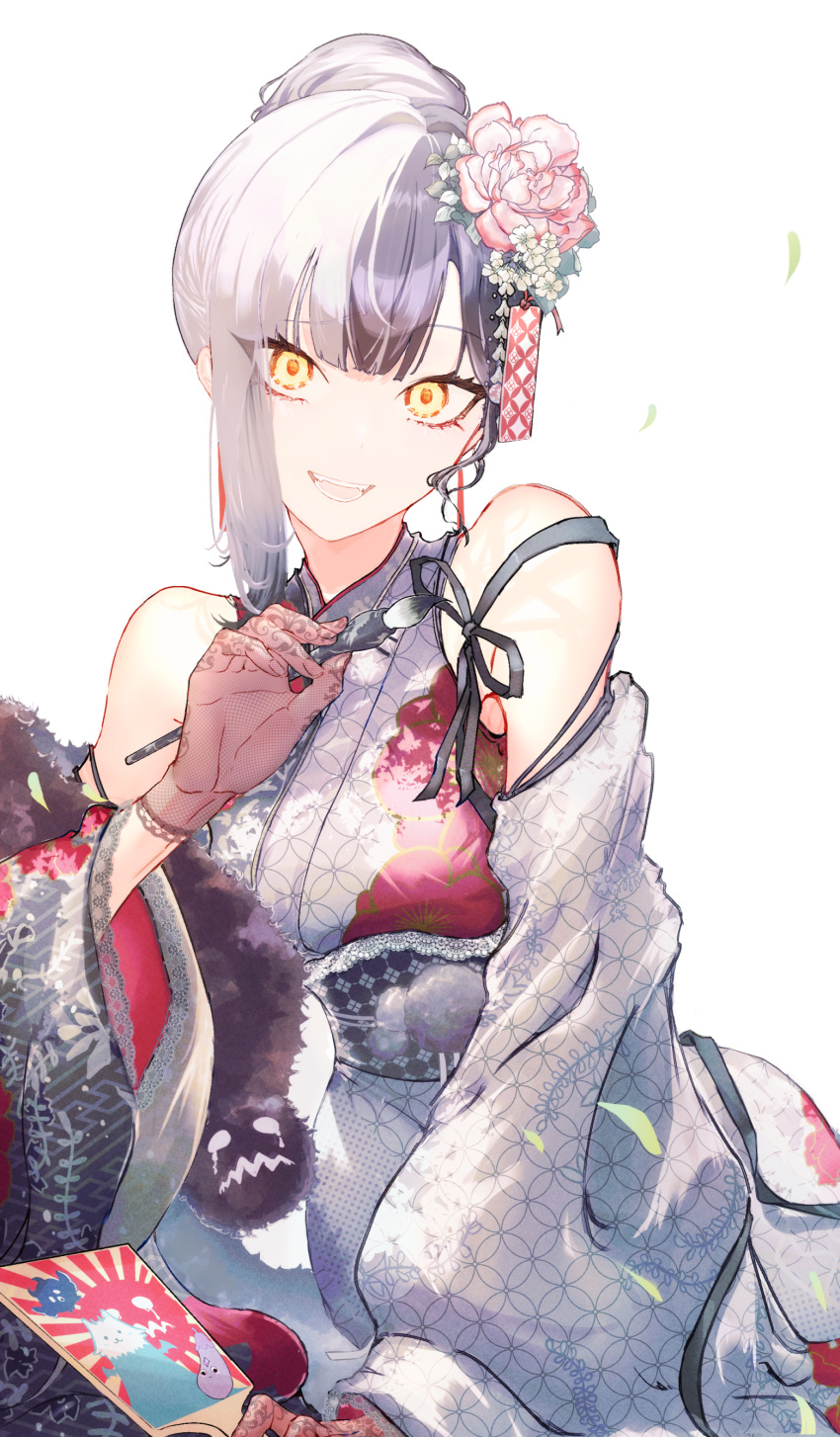 1girl absurdres arm_support bare_shoulders black_hair black_shawl breasts canvas_(object) floral_print_kimono flower gloves grey_kimono grin hair_bun hair_flower hair_ornament highres holding_calligraphy_brush hololive hololive_english japanese_clothes kimono lace lace-trimmed_gloves lace-trimmed_kimono lace-trimmed_shawl lace_gloves lace_trim looking_at_viewer multicolored_hair official_alternate_costume painting_(object) potate_sw shawl shiori_novella shiori_novella_(new_year) simple_background single_hair_bun sitting smile solo split-color_hair two-tone_kimono virtual_youtuber white_background wide_sleeves yellow_eyes