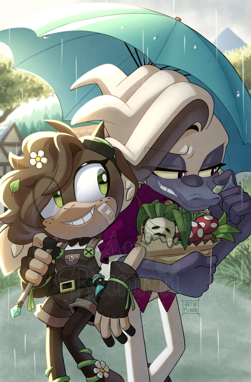 1boy 1girl absurdres artist_name bandaid bandaid_on_cheek bandaid_on_face belt black_belt brown_gloves brown_hair brown_overalls day dr._starline drstarline fingerless_gloves flower furry furry_female furry_male gloves green_eyes grin hair_flower hair_ornament highres holding holding_umbrella locked_arms looking_at_another outdoors overall_shorts overalls pants purple_shirt rain red_eyes shirt smile sonic_(series) sprout_the_goat_(drstarline) tree umbrella watermark white_flower white_hair white_pants
