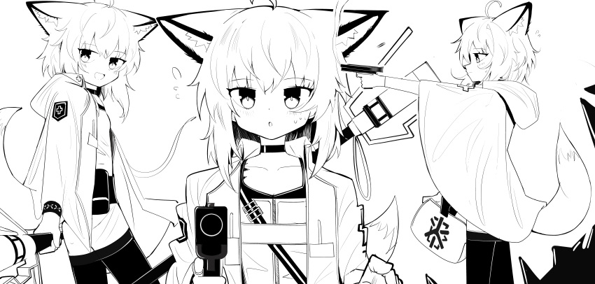 1girl absurdres ahoge animal_ear_fluff animal_ears arknights bag collarbone dress fox_ears fox_girl fox_tail greyscale gun handgun highres holding holding_gun holding_weapon hood hood_down hooded_jacket incredibly_absurdres jacket monochrome multiple_views open_clothes open_jacket pantyhose profile simple_background smoke smoking_gun spam_(spamham4506) sussurro_(arknights) tail weapon white_background