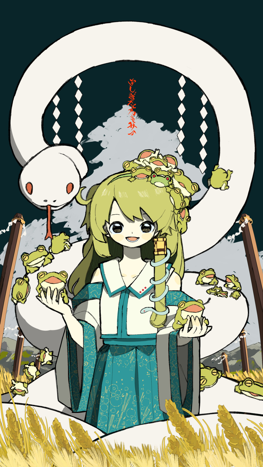 1girl absurdres animal_on_hand animal_on_head aqua_skirt clouds cowboy_shot detached_sleeves frog frog_hair_ornament frog_on_head green_hair hair_ornament highres kochiya_sanae long_hair long_sleeves neruzou on_head open_mouth outdoors shide skirt smile snake snake_hair_ornament solo standing straight-on touhou vest wheat white_sleeves white_vest wide_sleeves