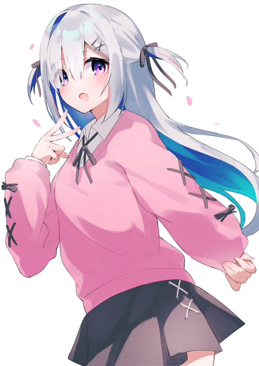 1girl amane_kanata black_skirt blue_hair blush colored_inner_hair fragir grey_hair hair_intakes hair_ornament hairpin highres hololive long_hair looking_at_viewer multicolored_hair open_mouth pink_shirt shirt skirt smile solo two_side_up v violet_eyes virtual_youtuber white_background x_hair_ornament