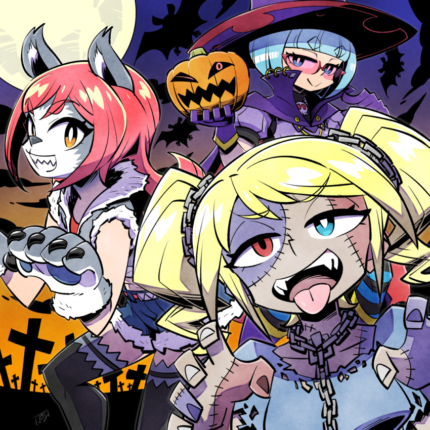 3girls ;d animal_ears animal_hands bat_(animal) blonde_hair blue_eyes blue_hair bob_cut bright_pupils cape chain collarbone facepaint fake_animal_ears fangs full_moon fur-trimmed_vest fur_trim glasses gloves graveyard hair_ornament halloween halloween_costume hands_up hat heterochromia high_collar hinoko_(sunafuki_tabito) jack-o'-lantern laika_(sunafuki_tabito) long_hair looking_at_viewer moon multiple_girls one_eye_closed orange_eyes original patchwork_skin puffy_short_sleeves puffy_sleeves pumpkin purple_gloves red_eyes redhead reina_(sunafuki_tabito) short_sleeves shorts sleeveless sleeveless_jacket smile stitched_face stitches sunafuki_tabito thick_eyebrows tinted_eyewear tombstone tongue tongue_out torn_clothes twintails vest werewolf witch witch_hat zombie