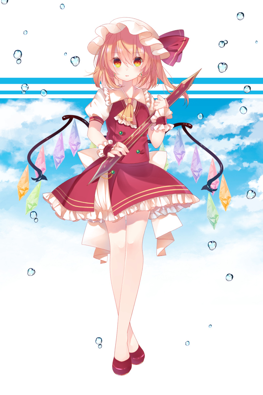 1girl absurdres ascot back_bow blonde_hair blue_background blue_sky bow cacao_(cacaomgmg) clouds cloudy_sky collared_shirt crossed_legs crystal flandre_scarlet frilled_ascot frilled_shirt_collar frilled_skirt frills full_body hair_between_eyes hat highres holding large_bow looking_at_viewer medium_hair mob_cap multicolored_wings no_socks open_mouth red_eyes red_footwear red_skirt red_vest shirt simple_background skirt sky solo standing touhou vest white_background white_bow white_headwear white_shirt wings wrist_cuffs yellow_ascot