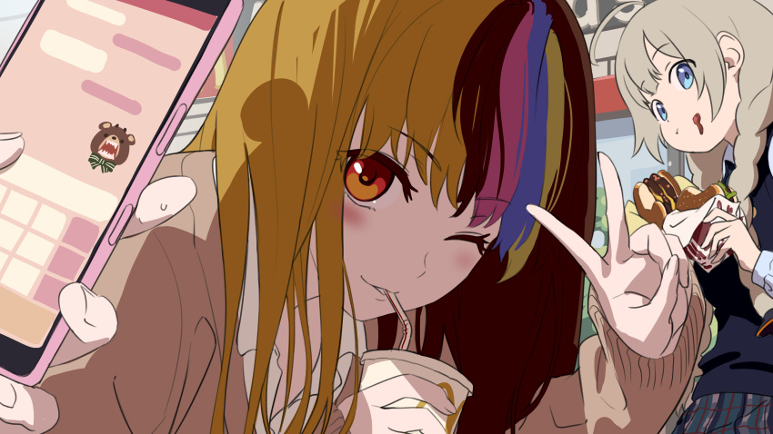 2girls absurdres ahoge blonde_hair blue_eyes blue_hair blue_shirt braid brown_hair brown_sweater burger cellphone collared_shirt cup disposable_cup drinking drinking_straw drinking_straw_in_mouth food galaco grey_hair highres holding holding_cup holding_food holding_phone indoors kizuna_akari lakiston long_hair looking_at_another looking_at_viewer mcdonald's multicolored_hair multiple_girls one_eye_closed phone pink_hair plaid plaid_skirt pov pov_hands red_eyes shirt skirt smartphone smile streaked_hair sweater tarokazu twin_braids v vocaloid voiceroid white_shirt