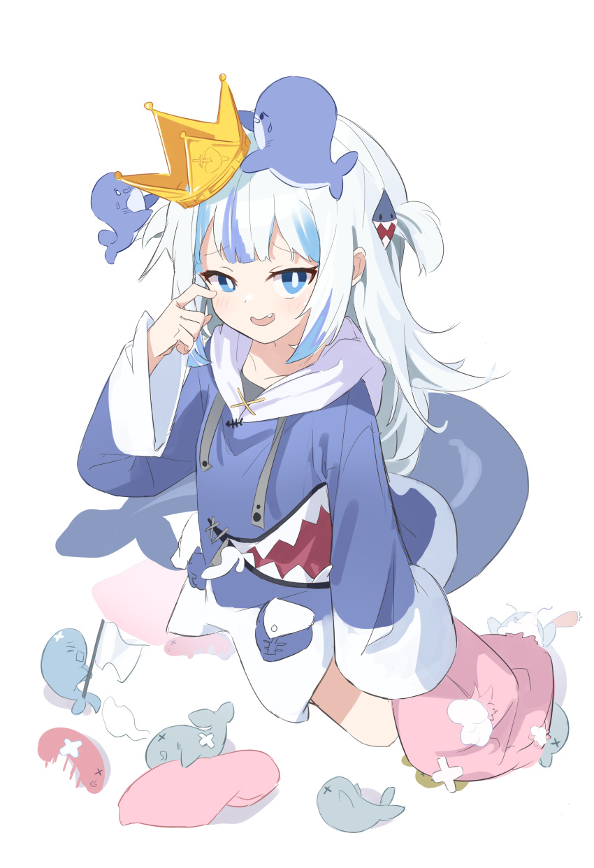 1girl absurdres animal_costume blue_eyes blue_hair blue_hoodie bright_pupils crown fins fish_tail flag gawr_gura gawr_gura_(1st_costume) hair_ornament highres hololive hololive_english hood hood_down hoodie long_hair multicolored_hair open_mouth shark_costume shark_hair_ornament sidelocks simple_background streaked_hair tail virtual_youtuber wep16night whale white_background white_flag white_hair white_pupils