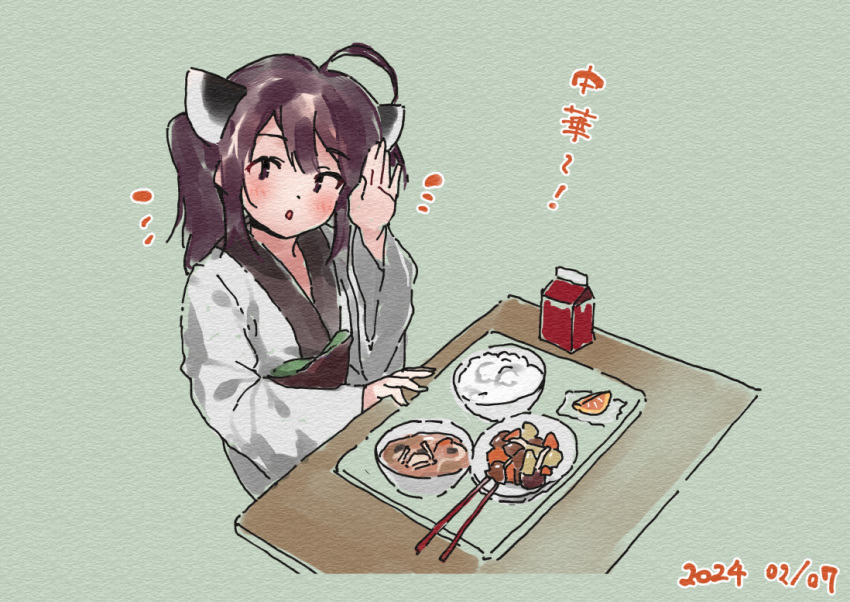 1girl :o ahoge blush bowl brown_eyes brown_hair chopsticks dated food food_request green_background hair_between_eyes hand_up headgear japanese_clothes kimono lamb_(hitsujiniku) long_sleeves looking_at_viewer notice_lines obi parted_lips rice rice_bowl sash simple_background solo table touhoku_kiritan translation_request twintails voiceroid white_kimono wide_sleeves