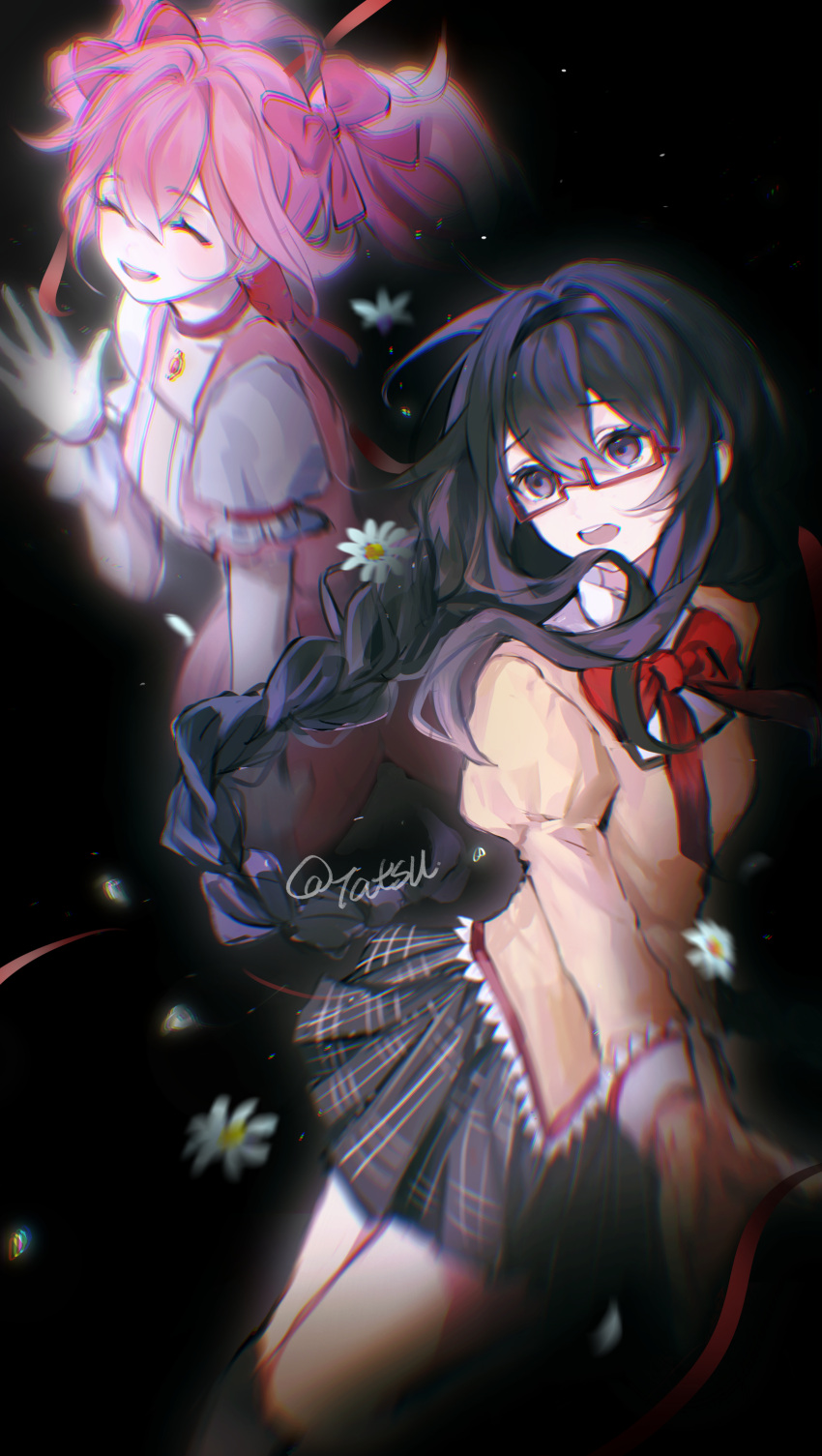 2girls ^_^ absurdres akemi_homura artist_name black_background black_hair black_hairband black_skirt black_socks bow bow_choker bowtie braid chinese_commentary choker chromatic_aberration closed_eyes commentary_request dress feet_out_of_frame floating_hair flower from_side glasses gloves hair_between_eyes hair_bow hair_intakes hairband hand_up highres jacket juliet_sleeves kaname_madoka kneehighs long_hair long_sleeves mahou_shoujo_madoka_magica mahou_shoujo_madoka_magica_(anime) mitakihara_school_uniform multiple_girls open_mouth outstretched_arm pink_dress plaid plaid_skirt puffy_short_sleeves puffy_sleeves red-framed_eyewear red_bow red_bowtie red_choker school_uniform semi-rimless_eyewear short_hair short_sleeves short_twintails signature simple_background skirt smile socks tatttttsu. twin_braids twintails under-rim_eyewear violet_eyes waving white_flower white_gloves yellow_jacket