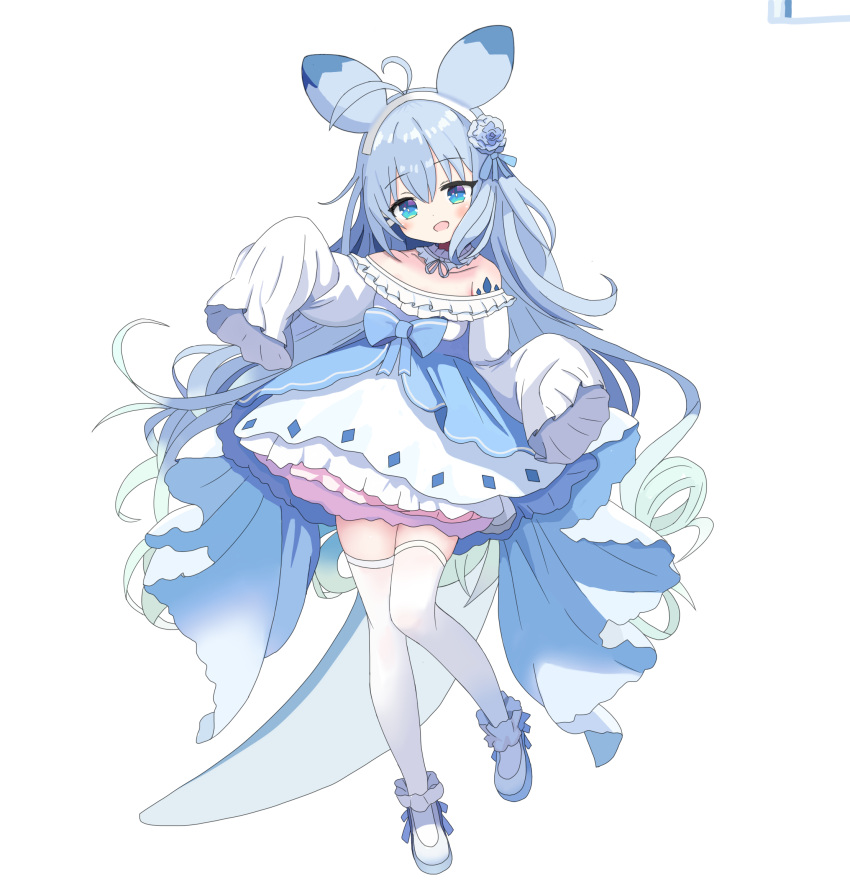 1girl antenna_hair aqua_hair bare_shoulders blue_bow blue_eyes blue_hair blue_ribbon blue_tail bow bright_pupils chillet chinese_commentary diamond_(shape) dress flower front_bow full_body hair_between_eyes hairband highres light_blue_hair long_hair long_sleeves multicolored_hair off-shoulder_dress off_shoulder palworld personification rainbowlife ribbon shoes shoulder_tattoo simple_background sleeves_past_fingers sleeves_past_wrists solo tail tattoo thigh-highs two-tone_hair very_long_hair white_background white_dress white_footwear white_hairband white_pupils white_thighhighs zettai_ryouiki